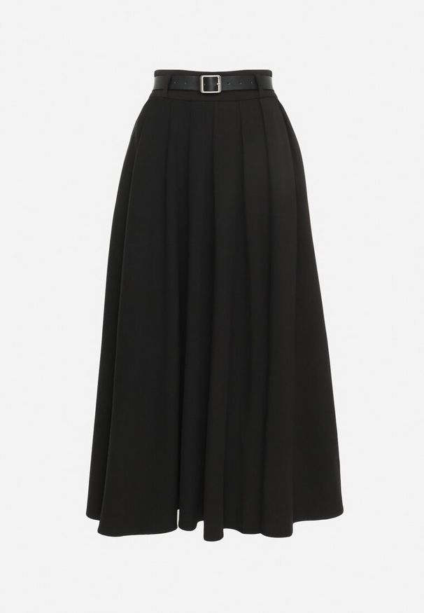 Born2be - Czarna Spódnica o Rozkloszowanym Plisowanym Fasonie z Paskiem z Klamrą Aferna. Kolor: czarny. Styl: elegancki