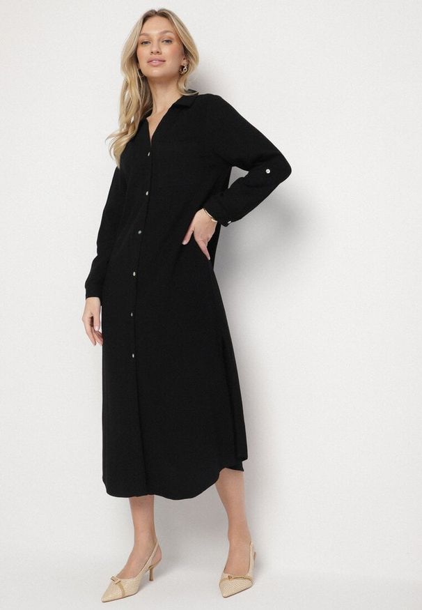 Born2be - Czarna Koszulowa Sukienka z Lnem i Wiskozą z Regulowanymi Rękawami Melvezia. Okazja: na co dzień. Kolor: czarny. Materiał: wiskoza, len. Typ sukienki: koszulowe. Styl: casual