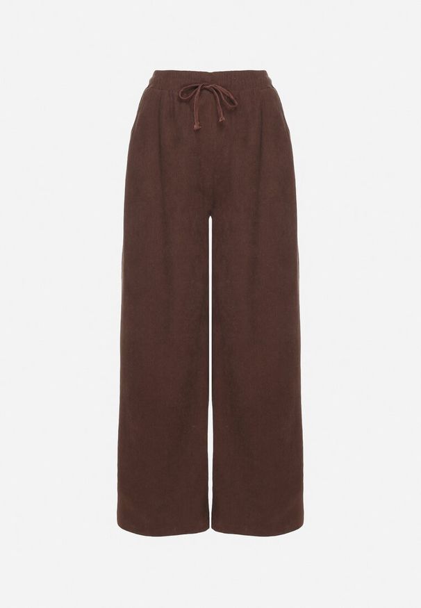 Born2be - Brązowe Szerokie Spodnie z Wysokim Stanem Wiązane Sznurkiem Cosetta. Okazja: na co dzień. Stan: podwyższony. Kolor: brązowy. Styl: casual, elegancki