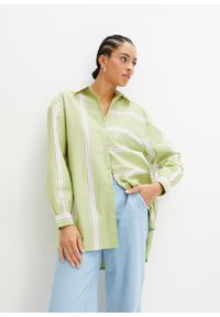 bonprix - Bluzka koszulowa w paski, oversized. Kolor: zielony. Materiał: bawełna. Wzór: paski. Styl: elegancki