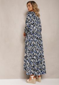 Renee - Granatowo-Niebieska Sukienka Rozkloszowana Maxi z Falbanką Maruerilla. Kolor: niebieski. Materiał: tkanina. Długość: maxi