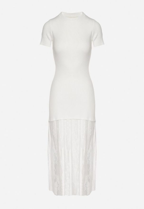 Born2be - Biała Prążkowana Sukienka z Koronkowym Dołem Vilzedi. Kolor: biały. Materiał: koronka, prążkowany. Typ sukienki: proste. Styl: elegancki, glamour