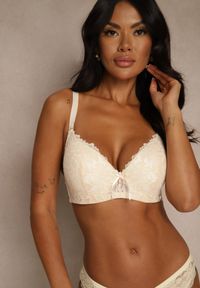 Renee - Beżowy Biustonosz Ozdobiony Koronką i Kokardką Aqiany. Kolor: beżowy. Materiał: koronka. Wzór: koronka, aplikacja #7
