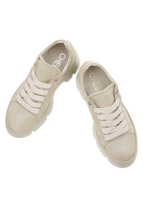 CheBello - Złote Półbuty Chebello Modne Obuwie Damskie. Okazja: na co dzień. Zapięcie: sznurówki. Kolor: złoty. Materiał: materiał. Styl: casual, elegancki, klasyczny