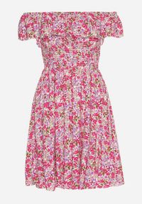 Born2be - Różowa Sukienka z Bawełny Typu Hiszpanka z Falbankami w Kwiaty Aenne. Okazja: na spacer, na imprezę. Typ kołnierza: kołnierz z falbankami, dekolt hiszpanka. Kolor: różowy. Materiał: bawełna. Wzór: kwiaty. Sezon: lato. Styl: elegancki #5