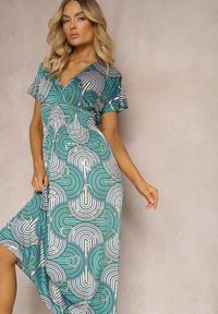 Renee - Zielona Sukienka z Wiskozy w Stylu Boho z Krótkim Rękawem i Gumką w Talii Urisa. Kolor: zielony. Materiał: wiskoza. Długość rękawa: krótki rękaw. Sezon: lato. Styl: boho #1