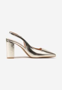 Renee - Złote Sandały na Słupku Slingback Halatia. Okazja: na co dzień. Kolor: złoty. Materiał: jeans. Obcas: na słupku. Styl: klasyczny, elegancki, casual #4