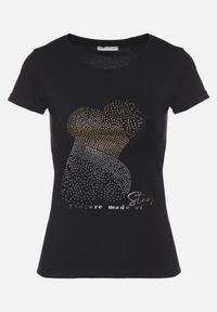 Born2be - Czarny Bawełniany T-shirt Ozdobiony Cyrkoniami i Napisem Divera. Okazja: na co dzień. Kolor: czarny. Materiał: bawełna. Wzór: aplikacja, napisy. Styl: klasyczny, casual