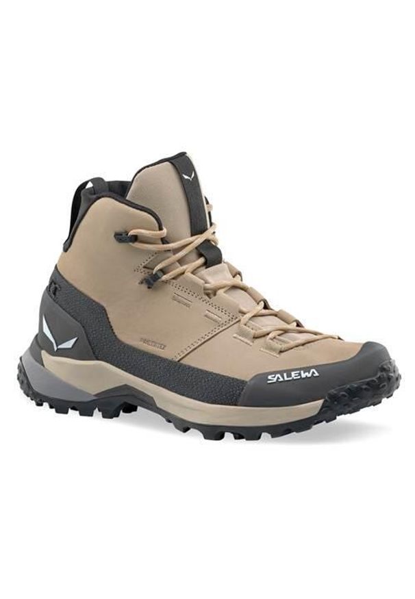 Buty trekkingowe damskie Salewa Puez Leather Mid Powertex. Wysokość cholewki: za kostkę. Zapięcie: sznurówki. Kolor: beżowy. Materiał: skóra. Szerokość cholewki: normalna