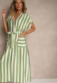 Renee - Zielona Pudełkowa Sukienka z Wiskozą z Motywem Pasków i Wiązaniem Lumierae. Okazja: na co dzień. Kolor: zielony. Materiał: wiskoza. Styl: elegancki, casual #5