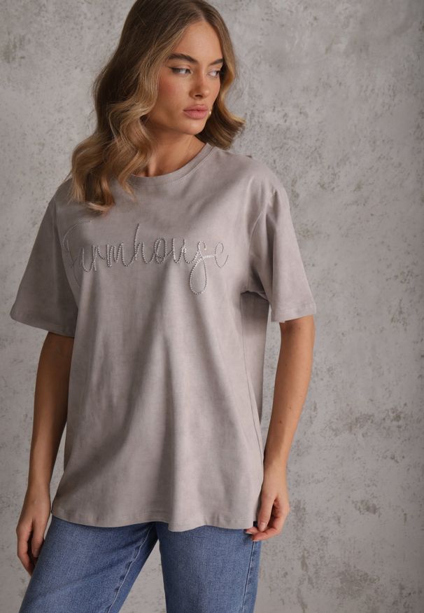 Renee - Szary Oversizowy T-shirt z Bawełny Zdobiony Haftem z Cekinami Marivia. Okazja: na co dzień. Kolor: szary. Materiał: bawełna. Wzór: aplikacja, haft. Styl: elegancki, casual