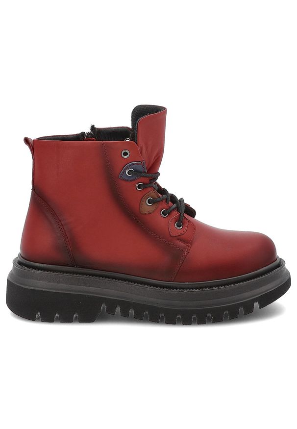 Czerwone Botki Artiker Solidne Obuwie Damskie. Okazja: na co dzień, na spacer. Zapięcie: sznurówki. Kolor: czerwony. Materiał: skóra. Styl: casual