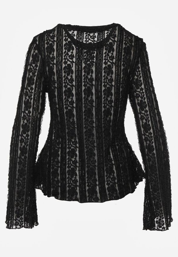 Renee - Czarna Bluzka z Koronki Ozdobiona Rozszerzanymi Rękawami Lertiola. Okazja: na co dzień. Kolor: czarny. Materiał: koronka. Wzór: aplikacja, koronka. Sezon: wiosna. Styl: elegancki, casual