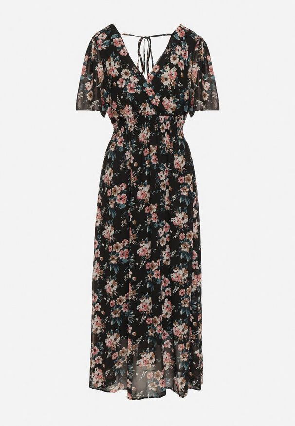 Born2be - Czarno-Różówa Sukienka z Krótkim Rękawem i Gumką w Pasie Wiązana na Plecach z Metaliczną Nicią Virissa. Okazja: na co dzień. Typ kołnierza: dekolt w kształcie V. Kolor: czarny. Materiał: jeans, dzianina, tkanina. Długość rękawa: krótki rękaw. Sezon: lato. Typ sukienki: proste. Styl: boho, casual, klasyczny