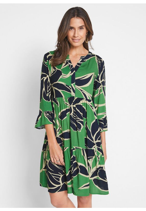 bonprix - Sukienka z falban z wiskozy. Kolor: zielony. Materiał: wiskoza. Sezon: lato