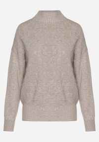 Born2be - Ciemnobeżowy Sweter Golf z Ozdobnym Tłoczeniem Zakończony Ściągaczem Melodiea. Okazja: na co dzień, na spacer. Typ kołnierza: golf. Kolor: beżowy. Materiał: jeans. Wzór: aplikacja. Sezon: zima, jesień. Styl: klasyczny, casual