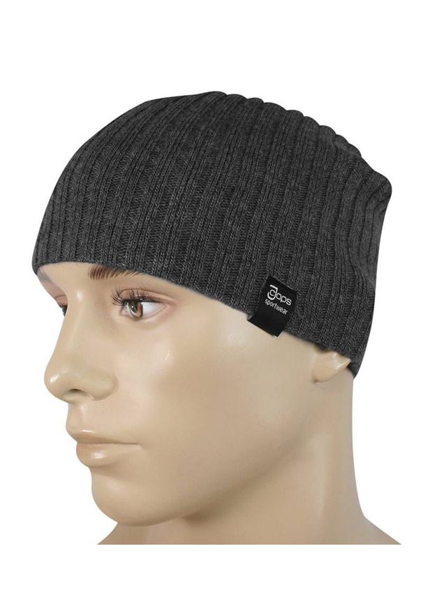 Jarek - Czapka Grafitowa Jesienno-Zimowa, Beanie, Krasnal, Rozciągliwa, w Prążki. Kolor: szary. Materiał: akryl. Wzór: prążki. Sezon: jesień, zima. Styl: sportowy