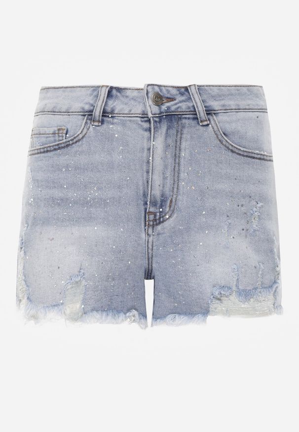 Renee - Niebieskie Szorty Jeansowe z Bawełną High Waist z Brokatem i Przetarciami Amatonice. Okazja: na spacer. Stan: podwyższony. Kolor: niebieski. Materiał: bawełna, jeans. Sezon: lato
