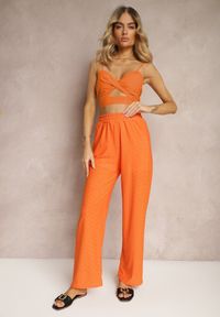 Renee - Pomarańczowe Spodnie High Waist z Ażurowym Wzorem Diemia. Okazja: na co dzień. Stan: podwyższony. Kolor: pomarańczowy. Materiał: materiał, jedwab. Wzór: ażurowy. Styl: casual #4