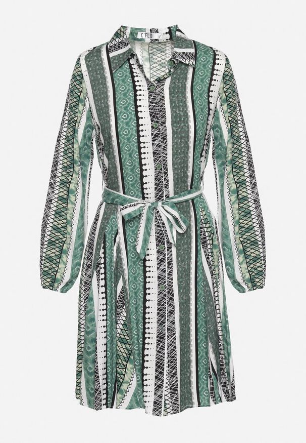 Born2be - Zielona Sukienka Koszulowa z Wiskozy Rozkloszowana z Materiałowym Paskiem Sigina. Okazja: do pracy. Kolor: zielony. Materiał: materiał, wiskoza. Długość rękawa: długi rękaw. Typ sukienki: koszulowe