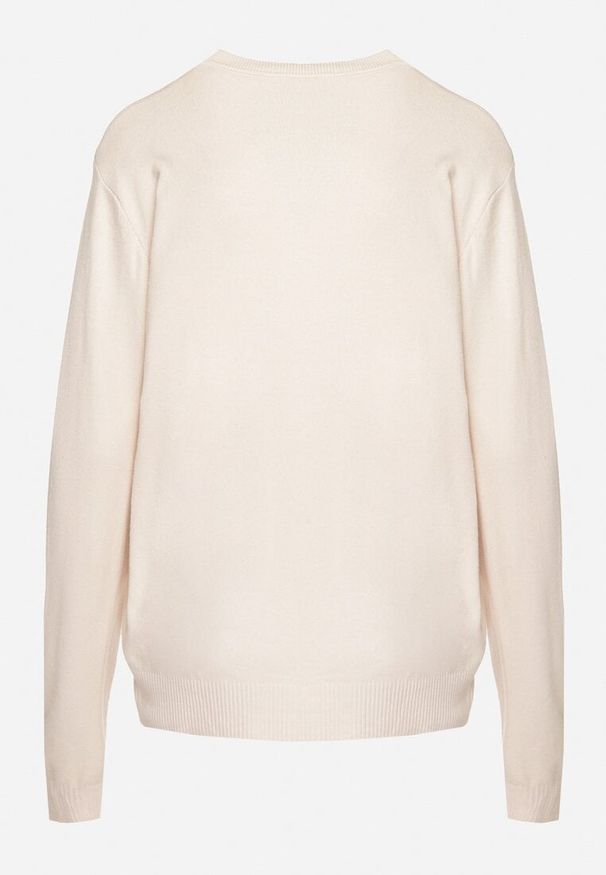 Born2be - Jasnobeżowy Sweter z Bawełną i Ozdobnym Haftowaniem oraz Guzikami Merissan. Kolor: beżowy. Materiał: bawełna. Wzór: haft. Sezon: zima