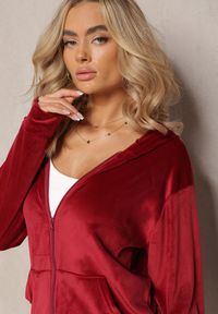 Renee - Bordowy Welurowy Komplet Dresowy Bluza z Kapturem i Proste Spodnie Arislo. Kolor: czerwony. Materiał: dresówka, welur #3