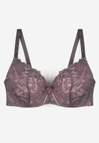 Renee - Szaro-Różowy Biustonosz Ozdobiony Koronką i Kokardką Aqiany. Kolor: szary. Materiał: koronka. Wzór: aplikacja, koronka #3