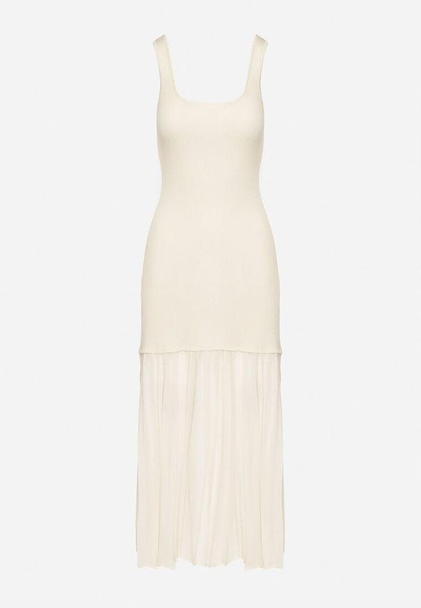 Born2be - Beżowa Prążkowana Sukienka na Ramiączkach o Taliowanym Kroju z Tiulem Ivelzedia. Okazja: na co dzień. Typ kołnierza: dekolt kwadratowy. Kolor: beżowy. Materiał: prążkowany, tiul. Długość rękawa: na ramiączkach. Styl: casual