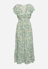 Born2be - Jasnozielona Sukienka z Bawełny w Ornamentalny Wzór z Gumką w Pasie i Falbankami Fioralas. Typ kołnierza: kołnierz z falbankami. Kolor: zielony. Materiał: bawełna #3