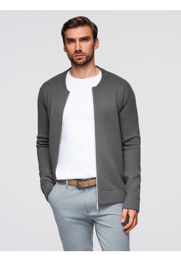 Ombre Clothing - Męski sweter gładki na zamek – grafitowy V2 - Rozmiar: XXL. Okazja: na co dzień. Kolor: szary. Materiał: poliester, jeans, dzianina, jersey, poliamid, wiskoza. Wzór: gładki. Styl: casual