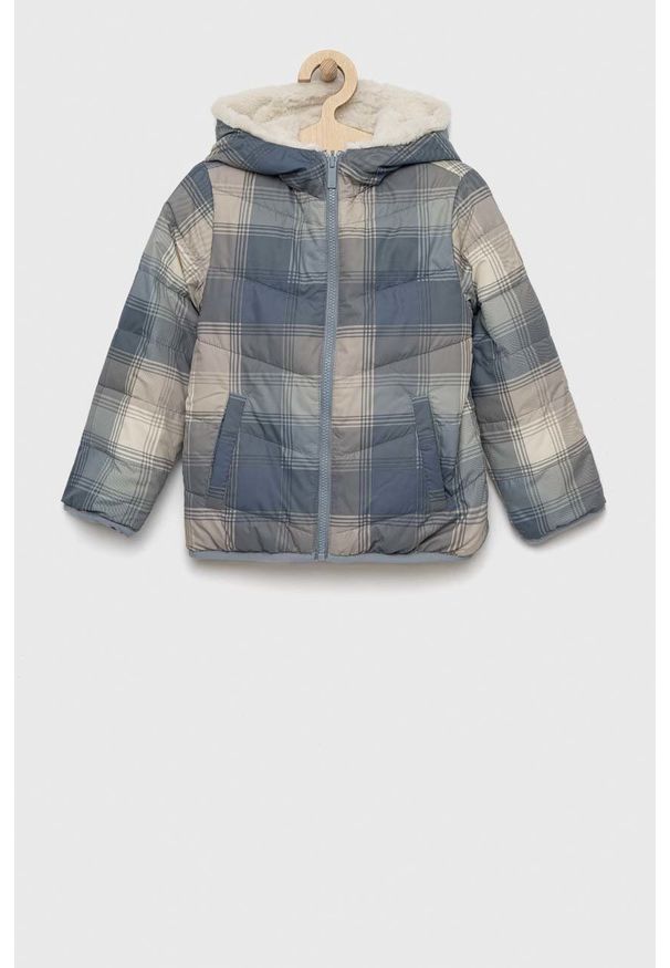 Abercrombie & Fitch kurtka dwustronna dziecięca kolor niebieski. Okazja: na co dzień. Typ kołnierza: kaptur. Kolor: niebieski. Materiał: poliester. Styl: casual