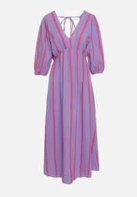 Born2be - Fioletowo-Różowa Taliowana Sukienka z Bawełny z Motywem Pasków Rivettes. Okazja: do pracy, na co dzień. Typ kołnierza: dekolt w kształcie V. Kolor: fioletowy. Materiał: bawełna. Wzór: aplikacja. Typ sukienki: proste. Styl: klasyczny, casual, elegancki #3