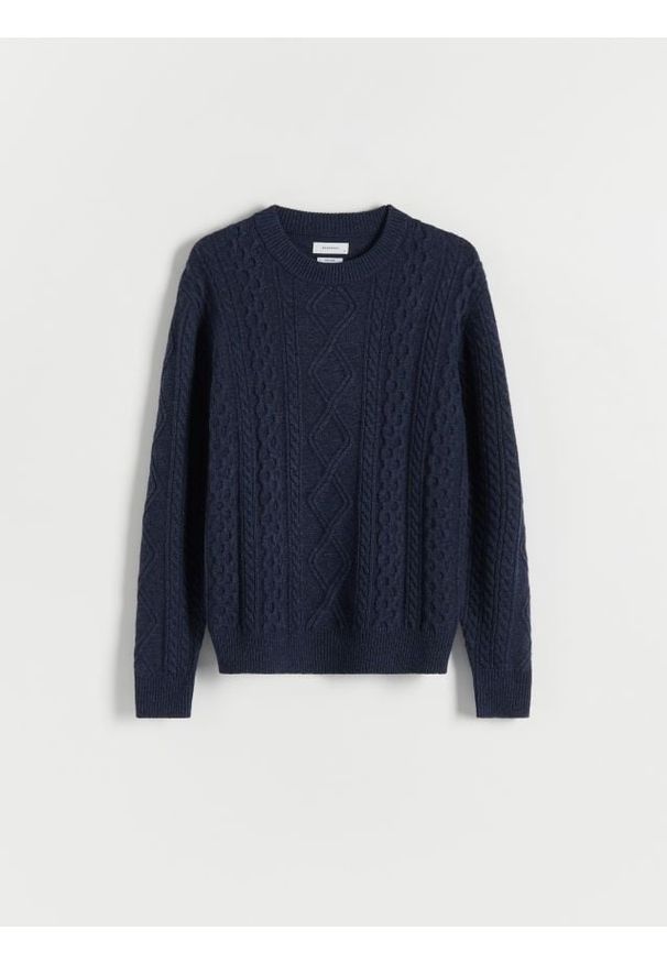 Reserved - Wełniany sweter o warkoczowym splocie - granatowy. Kolor: niebieski. Materiał: wełna. Wzór: ze splotem