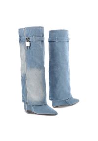 Niebieskie Kozaki Gallevani Jeansowe Obuwie Damskie. Zapięcie: sprzączka. Kolor: niebieski. Materiał: jeans. Szerokość cholewki: normalna. Wzór: ażurowy, aplikacja #7