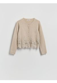 Reserved - Kardigan z koronkowym wykończeniem - beżowy. Kolor: beżowy. Materiał: koronka #1