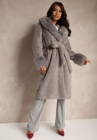 Renee - Szary Futrzany Płaszcz z Wiązanym Paskiem Ozdobnym Kołnierzem i Mankietami Viaressa. Okazja: na co dzień. Kolor: szary. Materiał: futro. Długość rękawa: długi rękaw. Długość: długie. Styl: casual, rockowy, elegancki #2