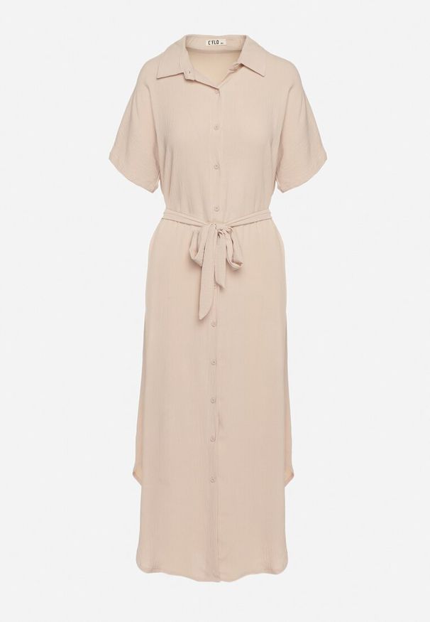 Born2be - Beżowa Sukienka Wiskozowa o Luźnym Koszulowym Kroju Wiązana w Talii Rionella. Kolor: beżowy. Materiał: wiskoza. Długość rękawa: krótki rękaw. Sezon: lato. Typ sukienki: koszulowe. Styl: klasyczny