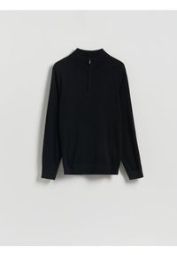 Reserved - Sweter z zapinanym golfem - czarny. Typ kołnierza: golf. Kolor: czarny. Materiał: dzianina, bawełna