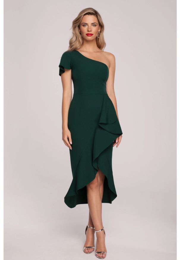 Sukienki.shop - Wieczorowa sukienka na jedno ramię z falbaną zielona. Okazja: na ślub cywilny, na wesele, na imprezę. Kolor: zielony. Styl: wizytowy