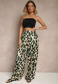 Renee - Zielono-Beżowe Panterkowe Spodnie o Szerokim Kroju Paper Bag High Waist Saliandra. Okazja: na co dzień, na imprezę, na spacer. Stan: podwyższony. Kolor: zielony. Materiał: jedwab. Długość: do kostek. Wzór: motyw zwierzęcy. Styl: casual, elegancki