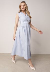 Born2be - Niebieska Koszulowa Sukienka Bez Rękawów z Wiskozy i Bawełny z Paskiem Suranon. Okazja: na co dzień, do pracy. Kolor: niebieski. Materiał: wiskoza, bawełna. Długość rękawa: bez rękawów. Typ sukienki: koszulowe. Styl: casual, klasyczny, elegancki #3