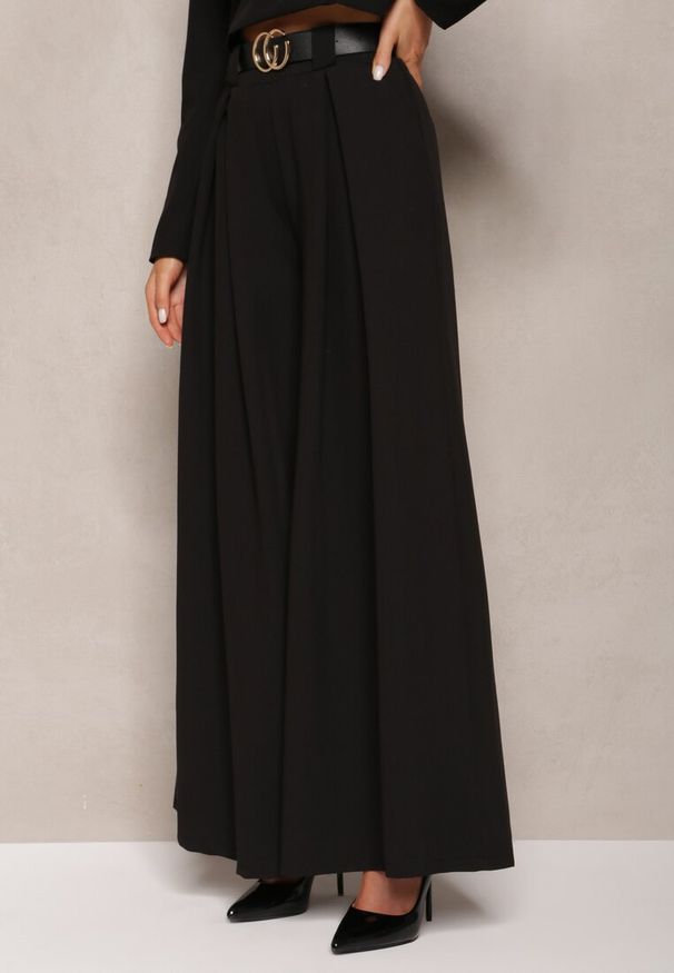 Renee - Czarne Spodnie High Waist z Szerokimi Nogawkami i Paskiem Brillara. Okazja: na co dzień, na spacer, na randkę. Stan: podwyższony. Kolor: czarny. Materiał: wiskoza. Styl: casual, elegancki