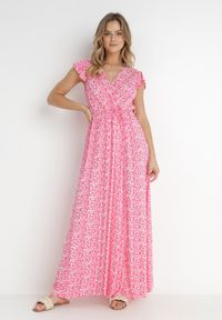 Born2be - Różowa Sukienka z Wiskozy Kephestra. Okazja: na co dzień. Typ kołnierza: dekolt w kształcie V. Kolor: różowy. Wzór: aplikacja. Typ sukienki: kopertowe, proste. Materiał: wiskoza. Długość rękawa: krótki rękaw. Styl: wizytowy, casual. Długość: maxi #3