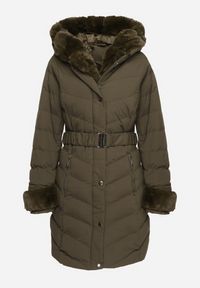 Born2be - Ciemnozielona Pikowana Kurtka Zimowa z Paskiem i Futerkowymi Obszyciami z Możliwością Odpięcia Hedirra. Okazja: na co dzień. Kolor: zielony. Materiał: jeans, futro. Długość rękawa: długi rękaw. Długość: długie. Sezon: zima. Styl: casual, elegancki #4