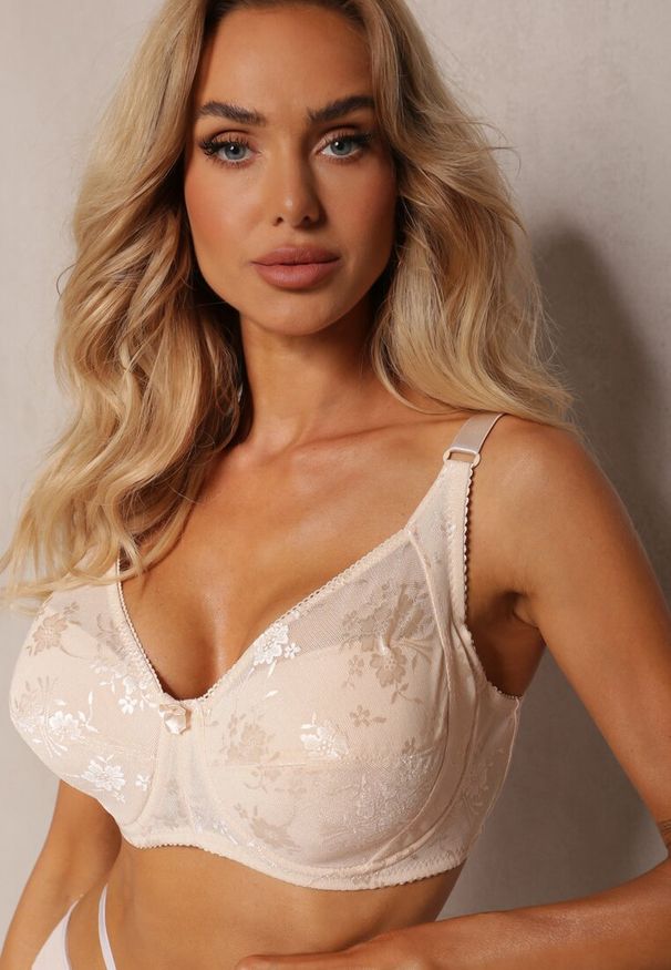 Renee - Jasnobeżowy Biustonosz z Koronką Zapiany na Haftki z Regulowanymi Ramiączkami Valinna. Kolor: beżowy. Materiał: koronka. Wzór: koronka