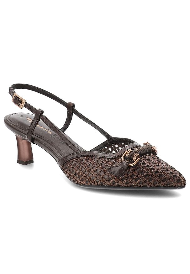 Czółenka damskie Tamaris, szpiczasty nosek odkryta pięta regulowany pasek stabilny obcas pleciona faktura ozdobny detal elegancki charakter, brązowe,. Nosek buta: szpiczasty. Zapięcie: pasek. Kolor: brązowy. Szerokość cholewki: normalna. Obcas: na obcasie. Styl: elegancki. Wysokość obcasa: średni