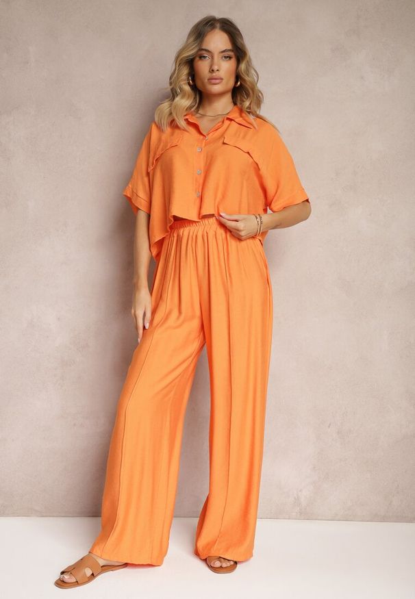 Renee - Pomarańczowy 2-Częściowy Komplet z Wiskozy Koszula o Luźnym Kroju Szerokie Spodnie Velvitela. Kolor: pomarańczowy. Materiał: wiskoza. Wzór: bez wzorów