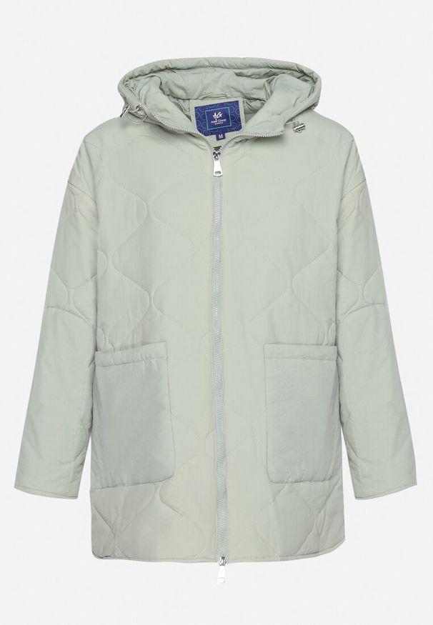 Born2be - Miętowa Kurtka Oversize z Kapturem z Ozdobnym Pikowaniem i Rozcięciem Klimella. Typ kołnierza: kaptur. Kolor: miętowy. Styl: elegancki