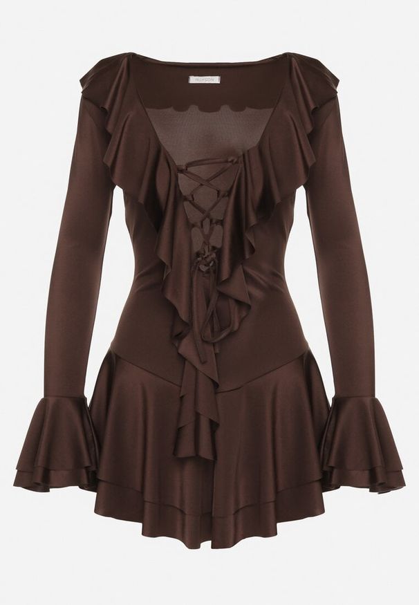 Born2be - Brązowa Taliowana Sukienka Zdobiona Falbankami Tiraneda. Okazja: na imprezę. Typ kołnierza: kołnierz z falbankami. Kolor: brązowy. Wzór: aplikacja. Typ sukienki: proste. Styl: elegancki