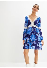 bonprix - Sukienka z szydełkową wstawką. Kolor: niebieski. Wzór: nadruk. Sezon: lato